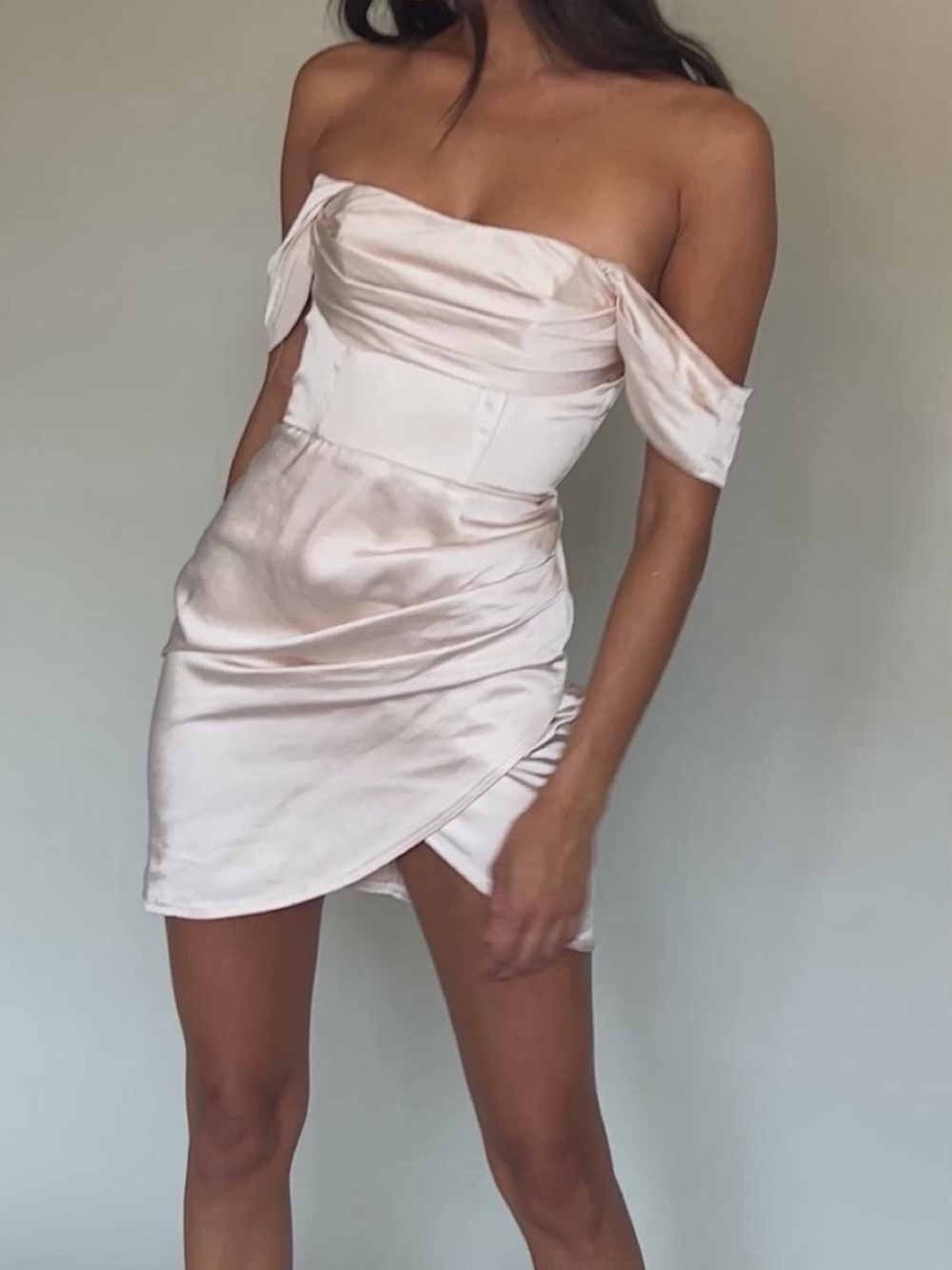 Champagne Satin Off Shoulder Mini Dress